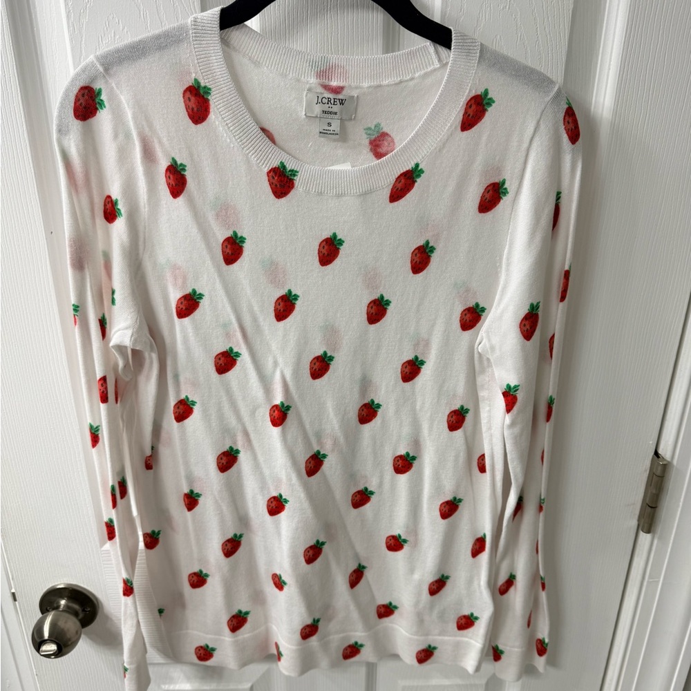 J. Crew White Teddie Lightweight Sweater with Strawberry Design